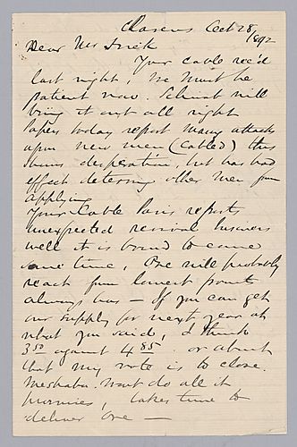 Carnegie writes from Clarens, [Switzerland] to say that Schwab will do well and that the strikers are showing desperation. He also writes on some technological endeavors he has observed in the mills in Europe