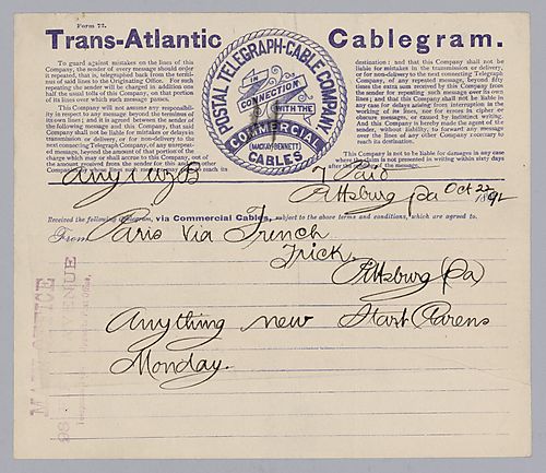 Carnegie writes from Paris, [France] to ask if anything is new