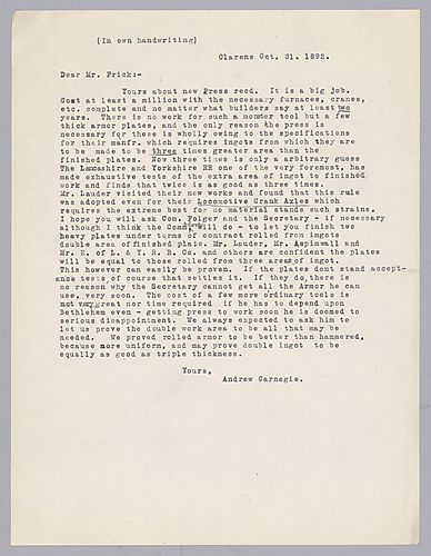 Carnegie writes from Clarens, [Switzerland] on negotiating with the Navy to change armor specifications to be equally effective but more easily produced