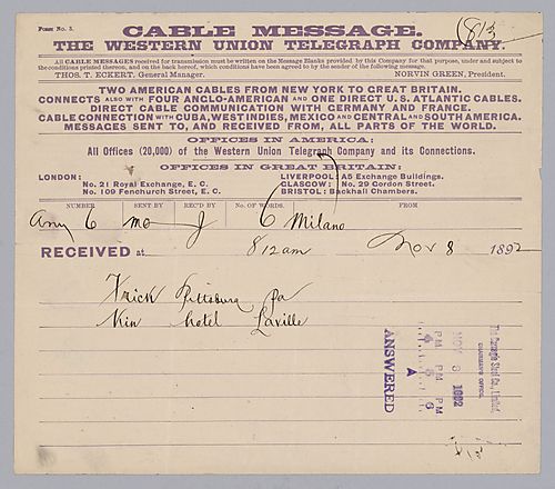 Carnegie writes from Milan, [Italy] to give the hotel where he is staying: Vin Hotel Laville