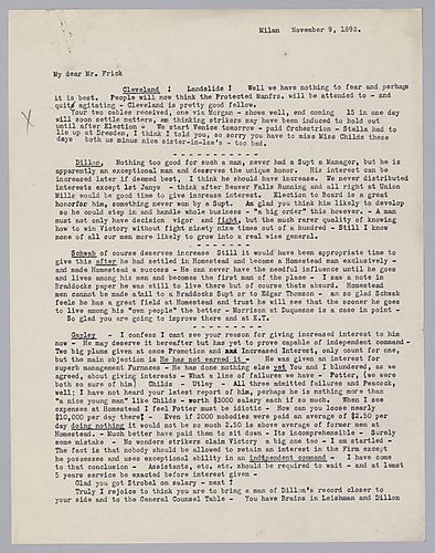 Carnegie writes from Milan, [Italy] on giving increased interest in the company to various managers and removing blundering leaders like Mr. Potter