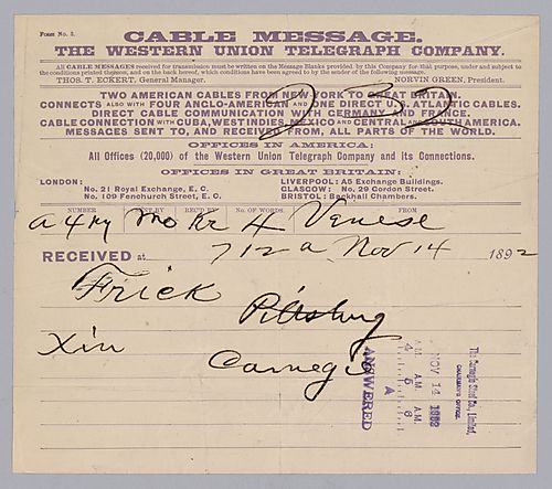 Carnegie writes from Venice, [Italy]: "Xin."