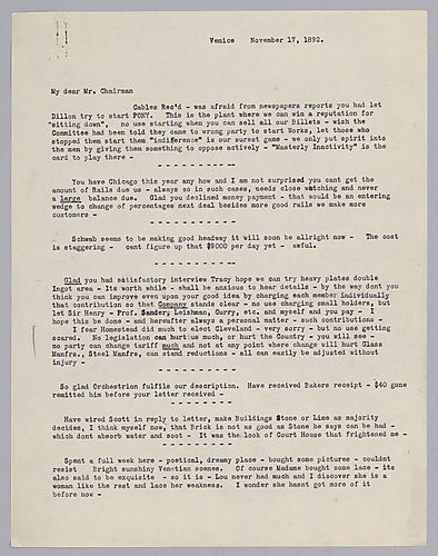Carnegie writes from Venice, [Italy] on business affairs as well as some of his vacation highlights