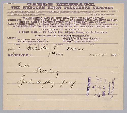 Carnegie writes from Venice, [Italy] saying, "Good anything pony."