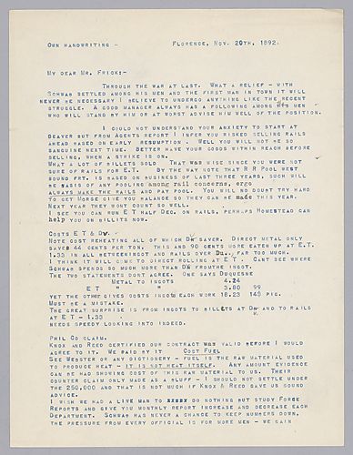 Carnegie writes from Florence, [Italy] on Schwab's leadership, rail production estimates and fuel cost for heat
