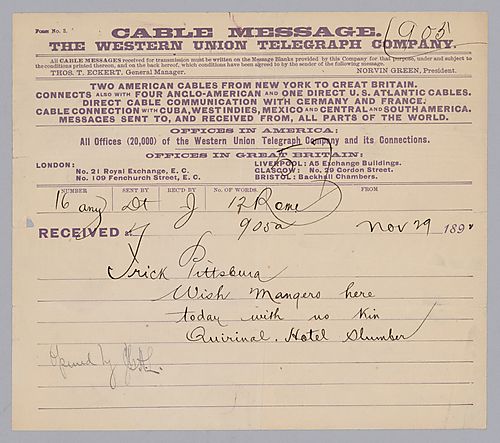 Carnegie writes from Rome, [Italy] to tell Frick the name of the hotel where he will be staying