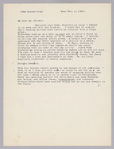 Carnegie writes from Rome, [Italy] on Bethlehem Steel Company's armor producing techniques versus the Carnegie method. He also writes on the money management of Curry and Dillon