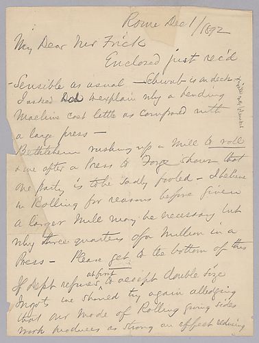 Carnegie writes from Rome, [Italy] on Bethlehem Steel Company's armor producing techniques versus the Carnegie method. He also writes on the money management of Curry and Dillon