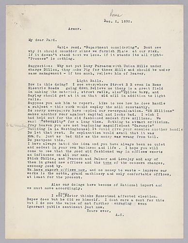 Carnegie writes from Rome, [Italy] on the armor-making process, light rails, and the importance of prudent modesty to help the company's image; he comments that Europe is rabid over Homestead