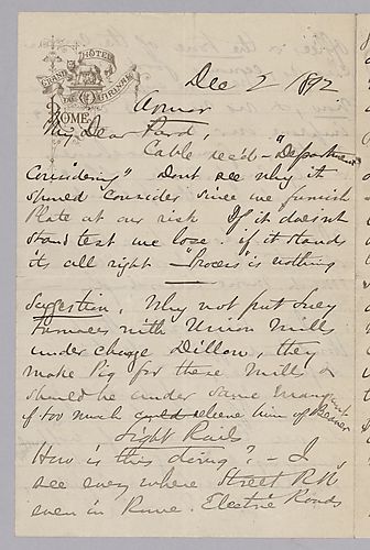 Carnegie writes from Rome, [Italy] on the armor-making process, light rails, and the importance of prudent modesty to help the company's image; he comments that Europe is rabid over Homestead