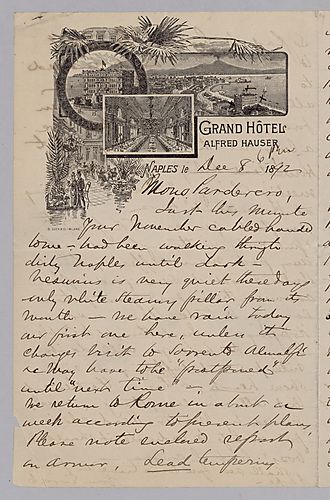 Carnegie writes from Naples, [Italy] on the output from Braddock versus Duquesne. He also advises Frick to forward some money to workers who are struggling with Homestead's temporary closure