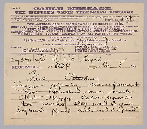 Carnegie writes from Naples, [Italy] that advance payments should be made to alleviate Homestead worker's suffering and show heart