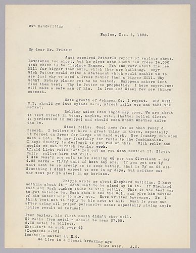 Carnegie writes from Naples, [Italy] on Potter's recommendations for armor production and Carnegie's desires to have Edgar Thomson switch to steel rails