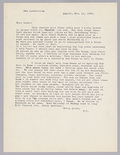 Carnegie writes from Amalfi, [Italy] on the potential need to purchase a press for armor and possibly gun forging. He also describes the beauty of the area