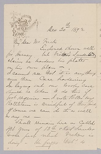 Carnegie writes from Rome, [Italy] on the armor finishing process