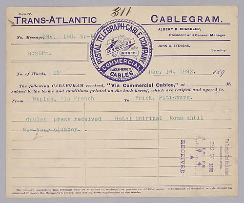 Carnegie writes from Naples, [Italy] on where he will be staying in Rome