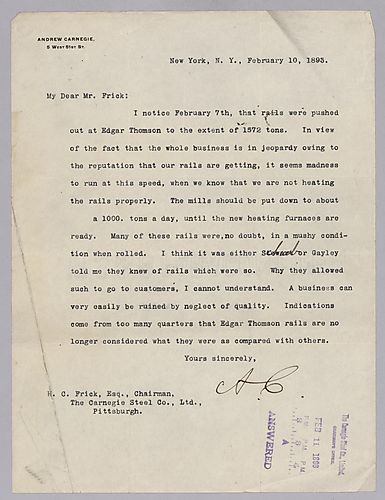 Carnegie writes from New York, NY on quality control of steel rails at Edgar Thomson