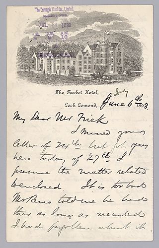 Carnegie writes from Loch Lomond, [Scotland] on a loan to the Music Hall Company