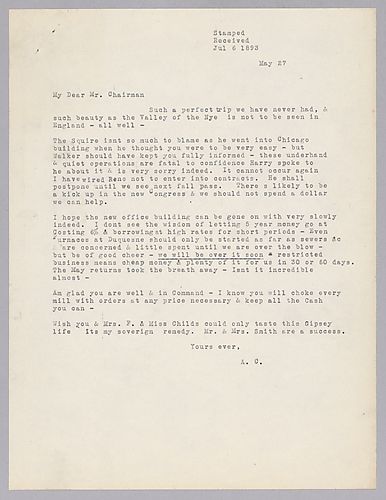 Carnegie writes on his travels as well as building plans for the new office building