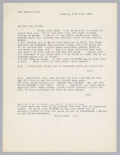 Carnegie writes from London on his plans for the music hall. He then comments on the plate mill situation and the general bad situation of the time