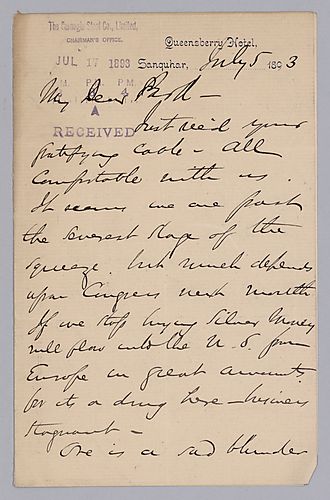 Carnegie writes from Sanquhar, [Scotland] on the United States government's silver/gold standard of money as well as blunders in ore purchasing by the company