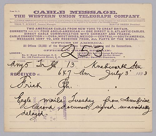 Carnegie writes from Knebworth, [Scotland] to say his documents are signed but will be unavoidably delayed