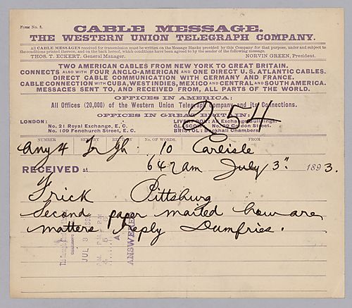 Carnegie writes from Carlisle, [Scotland] to ask about matters in Pittsburgh