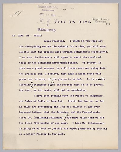 Carnegie writes from Cluny Castle, [Scotland] on the "Harveyizing" process for armor plates, on the company being outsold by the Scranton and Pennsylvania Steel Companies, and on the gold standard. In a handwritten post-script, he writes on Erie Steel mil
