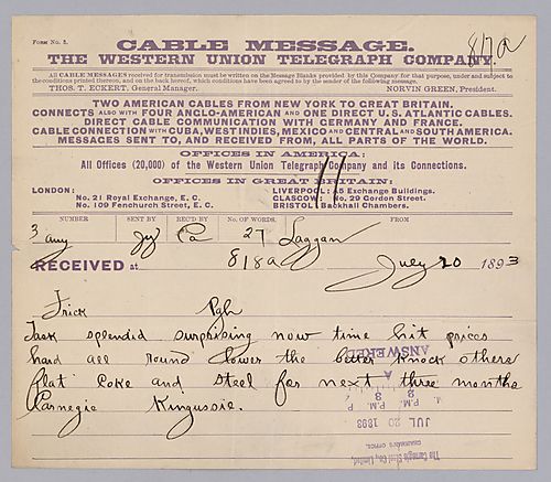 Carnegie writes from Laggan, [Scotland] to tell Frick to cut prices and undersell anyone