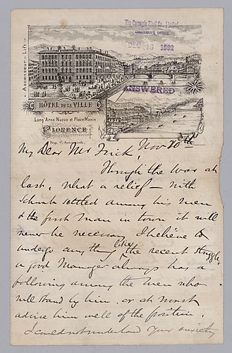 Carnegie writes from Florence, [Italy] on production prospects and management issues now that the strike has ended. In a handwritten post script, Carnegie writes on the Illinois Steel Company's situation and his vision for Homestead