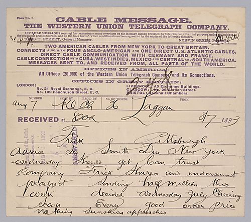 Carnegie writes from Laggan, [Scotland] to advise Frick to meet a Mr. Smith in New York to discuss loans and Frick's shares and endorsements