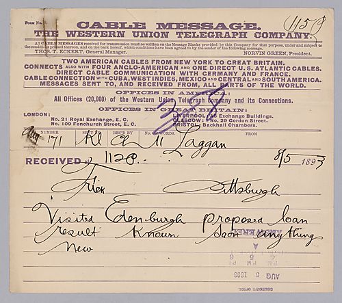 Carnegie writes from Laggan, [Scotland] to say that he has visited Edinburgh and proposed a loan request to the Bank of Scotland