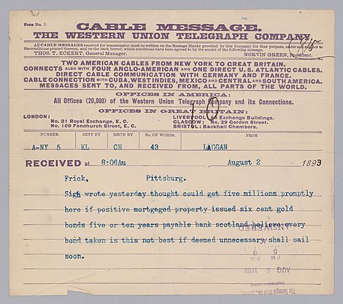 Carnegie writes from Laggan, [Scotland] to say that the Bank of Scotland believes every bond has been sold. He adds that he will sail soon
