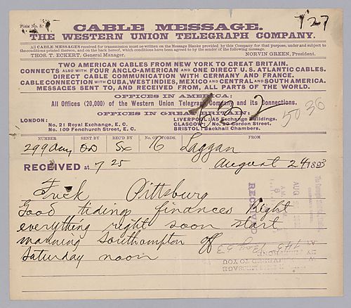 Carnegie writes from Laggan, [Scotland] to praise the company's financial situation