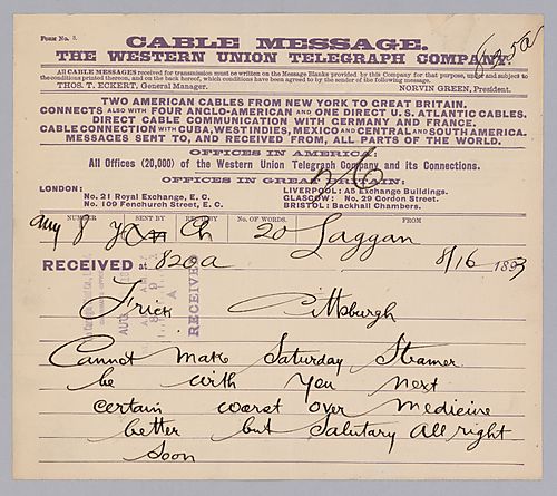 Carnegie writes from Laggan, [Scotland] to say that he can not make the steamer thereby delaying his return