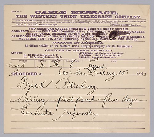 Carnegie writes from Laggan, [Scotland] to say that his sailing has been postponed a day