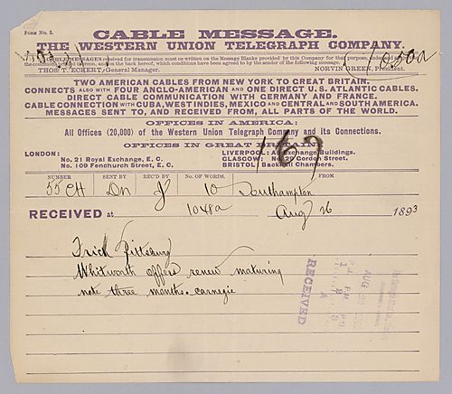 Carnegie writes from Southampton, [England] on the "Whitworth offers returning."