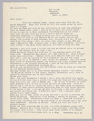 Carnegie writes on sales to undercut Scranton, the state of billets and ore, and the sale of rails to Boston railroad companies