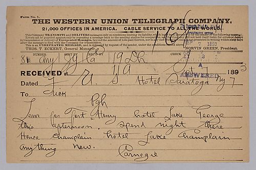 Carnegie writes from Saratoga, [N.Y.] to ask if anything is new and to give his travel itinerary for his trip around New England