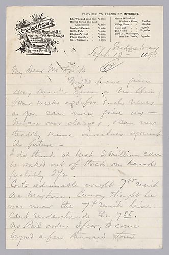 Carnegie writes from Crawford House, [N.H.] to say he is thrilled with Frick's news and give his opinion on rail prices