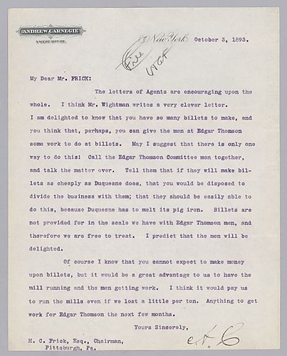 Carnegie writes from New York, [N.Y.] on dealing with the men at Edgar Thomson to make billets in order to keep the mill running over the winter