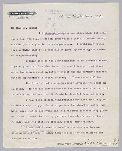 Carnegie writes from New York, [N.Y.] on keeping questions between partners in the company with no outside arbitration
