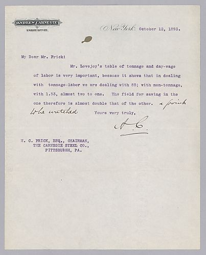 Carnegie writes from New York, [N.Y.] on the wage charts of Mr. Lovejoy