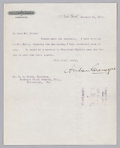 Carnegie writes from New York, [N.Y.] on his interactions with a Mr. Katte
