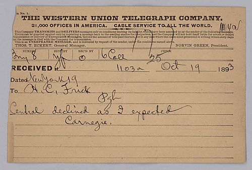 Carnegie writes from New York, [N.Y.] to say that New York Central declined the company's offer