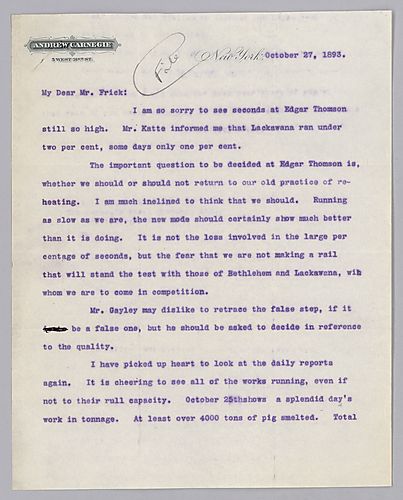 Carnegie writes from New York, [N.Y.] on rail and billet possibilities at Edgar Thomson