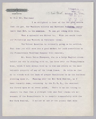 Carnegie writes from New York, [N.Y.] on the Pennsylvania Railroad Company when compared to the New York Central and on how the market will rebound once the silver issue is settled