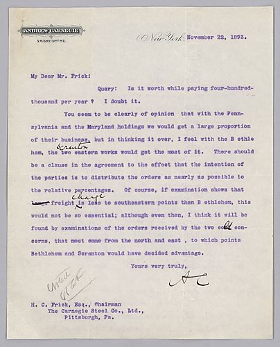 Carnegie writes from New York, [N.Y.] on dividing up Maryland Steel Company and Pennsylvania Steel Company's orders between Carnegie, Scranton and Bethlehem. Also included is a newspaper clipping on Pennsylvania Steel Company's aborted reorganization plan