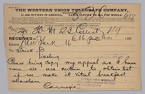 Carnegie writes from New York, [N.Y.] to request an approval note of his be brought and to say a test will be obtained if they press for it