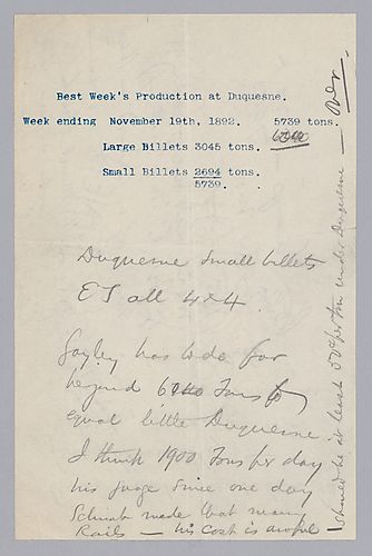 A declaration of production at Duquesne in billets. An additional handwritten note is included conveying information on the production of other works